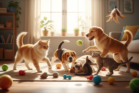 1918x1918 image of dogs and cats playing with toys