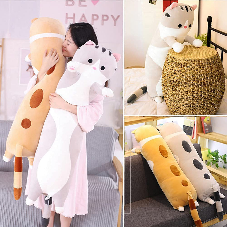 Cute Cat Plush Long Body Pillow Cuddle Cartoon Stuffed Animals Cat Plushie Soft Doll Pillows Gifts for Kids Girls (Orange, 19