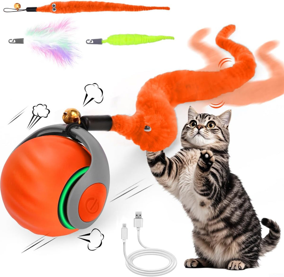 Interactive Cat Toy Ball - Speedy Cat Toys for Indoor Cats with Feather Tails for Chasing, Moving Stimulation Smart Cat Toy for Enrichment, Motion Activated Automatic Rolling Toys to Keep Them Busy