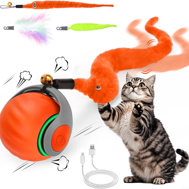 Interactive Cat Toy Ball - Speedy Cat Toys for Indoor Cats with Feather Tails for Chasing, Moving Stimulation Smart Cat Toy for Enrichment, Motion Activated Automatic Rolling Toys to Keep Them Busy