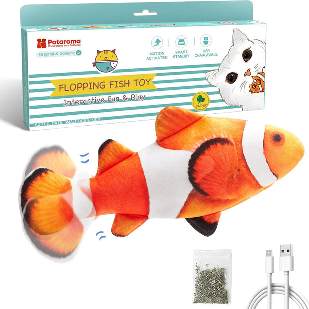 Cat Toys Flopping Fish with Silvervine and Catnip, Moving Kitten Kicker, Floppy Wiggle Clownfish for Small Dogs, Motion Kitty Interactive Exercise, 10.5 Inches