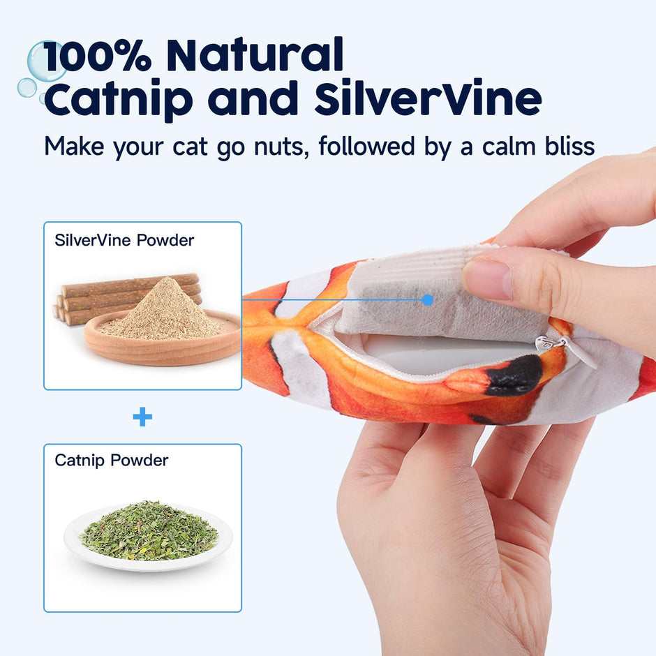 Cat Toys Flopping Fish with Silvervine and Catnip, Moving Kitten Kicker, Floppy Wiggle Clownfish for Small Dogs, Motion Kitty Interactive Exercise, 10.5 Inches