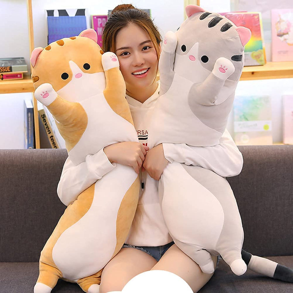Cute Cat Plush Long Body Pillow Cuddle Cartoon Stuffed Animals Cat Plushie Soft Doll Pillows Gifts for Kids Girls (Orange, 19