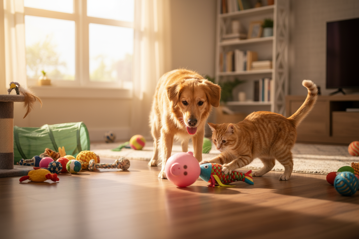 Dog and cat with toys and a moving pig ball toy and fish toy for cat