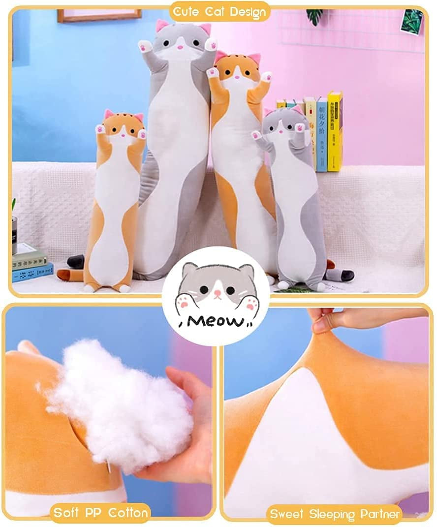 Cute Cat Plush Long Body Pillow Cuddle Cartoon Stuffed Animals Cat Plushie Soft Doll Pillows Gifts for Kids Girls (Orange, 19