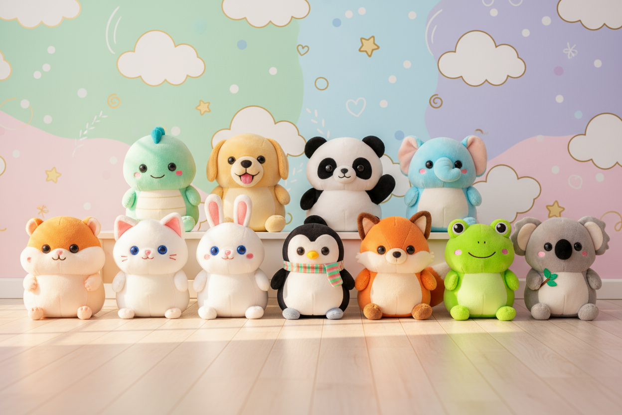 on  the floor with a wall behind the plushies cute backround